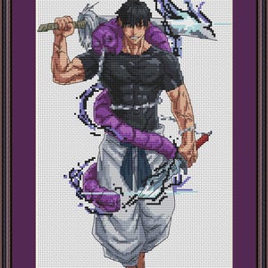 May include: A cross-stitch pattern featuring a muscular character with short black hair, wearing a black t-shirt and white pants. The character holds a large sword over their shoulder and another in their hand, surrounded by a purple serpent-like entity.