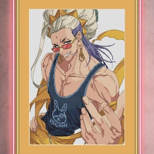 May include: Cross-stitch artwork of a muscular figure wearing a blue tank top with a bunny logo and the text "ISSACHAN". The figure has sunglasses, gold earrings, and a crown. The artwork is framed in gold.