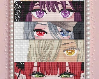May include: A cross-stitch artwork featuring six sets of anime-style eyes with varying colors of hair and eyes. The artwork is framed with a pearl border and set against a pink background. The eyes include blonde, purple, silver, and red hair.