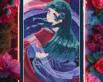 May include: A cross-stitch pattern featuring an anime-style character with long teal hair, wearing a red and blue outfit. The character is set against a dark blue starry background, framed by a rectangular border, surrounded by vibrant pink flowers.