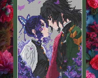 May include: Cross-stitch artwork featuring two anime characters in a tender embrace, surrounded by purple floral elements. The characters have black hair and are dressed in detailed outfits. The background is a light gray color.
