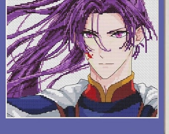May include: Cross-stitch artwork of an anime character with long, flowing purple hair. The character has purple eyes and a determined expression. The artwork is framed in a blue border and held by a person's hand.