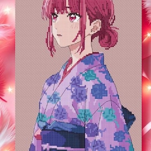 Puede incluir: Retrato de punto de cruz de una mujer con cabello rosado que lleva un kimono morado y azul. La obra de arte está ambientada sobre un fondo marrón claro, con un borde rosa y plumoso.