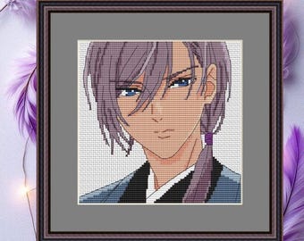 May include: Cross-stitch portrait of an anime character with blue eyes and lavender hair, framed in a dark brown frame. The artwork is set against a gray background, with decorative purple feathers in the corners.