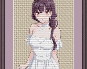May include: Cross-stitch artwork of an anime-style character in a white dress, framed in a dark brown and purple border. The character has dark purple hair and pink eyes. The background is a light tan color.