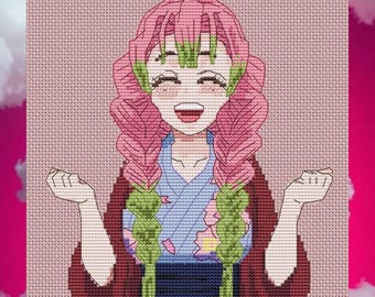 May include: A cross-stitch design featuring a smiling anime character with pink hair and green accents. The character wears a blue and red outfit. The background is a pink gradient with white clouds.
