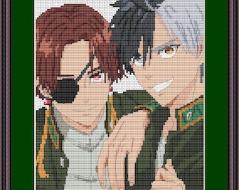 May include: Cross-stitch artwork featuring two anime-style male figures. One has auburn hair and an eye patch, the other has black and silver hair. Both are wearing green and white jackets, with one arm around the other. The artwork is framed.