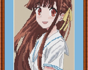 May include: Cross-stitch portrait of an anime character with long brown hair and red eyes. The character wears a white and blue sailor uniform. The artwork is framed in a wooden frame with a blue matting.