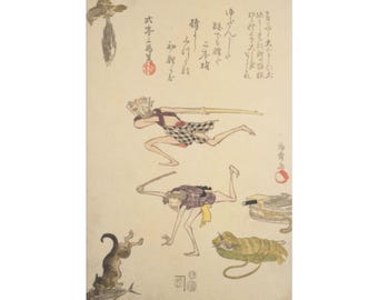 Yokai japonais portant une impression de poisson bonite - art humoristique de la période Edo - folklore traditionnel de monstre - toile en satin, tendue