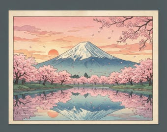 Mount Fuji Cherry Blossom Wall Art – Japanese Landscape Print, Sakura Home Decor (Digital Download)