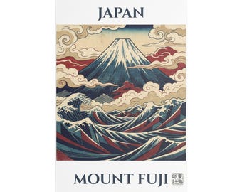 Satijnen canvas, gespannen | Mount Fuji canvasafdruk 16 x 24 Japan | Japanse golfkunst | Traditionele ukiyo-e-stijl | Verticale muurkunst