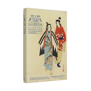 K&ouml;nnte beinhalten: Leinwanddruck mit einem japanischen Holzschnitt mit zwei Figuren in traditioneller Kleidung. Das Kunstwerk enth&auml;lt einen Kalender und Text in Japanisch und Englisch. Die Figuren tragen farbenfrohe Roben, eine mit einem Schwert.