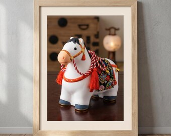 Year of the Horse Decorative Figurine - Japanese New Year Art Print - Traditional White Ceramic Horse with Red and Gold Ornaments