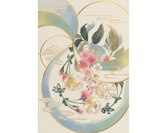 Sztuka japońska „Kwitnąca wiśnia”, eleganckie złote akcenty w stylu ukiyo-e z motywem Sakura i płynącymi chmurami, tradycyjny wzór kwiatowy, płótno lub plakat