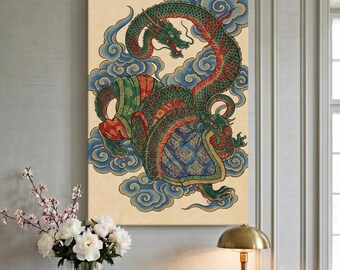 Japanese Dragon Ukiyo-e Art, Powerful Ryu Mythology Illustration, Traditional Edo Style, Satin Canvas, Canvas or Poster