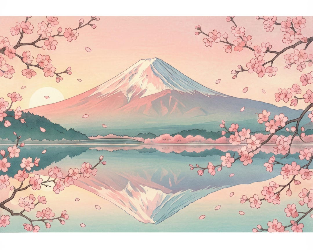 Mount Fuji Cherry Blossom Art Print – Japanese Sunrise (digital ...