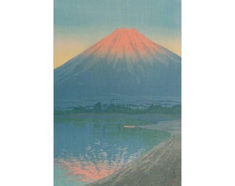 Satijnen canvas, uitgerekt, Japanse berg Fuji canvasafdruk, Kawase Hasui Lake Yamanaka Dawn, Shin-Hanga kunst, canvas wanddecoratie