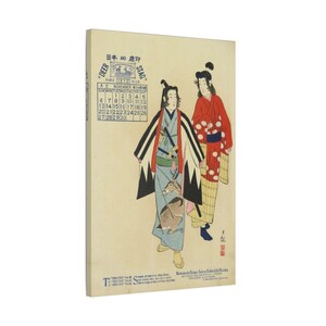 K&ouml;nnte beinhalten: Ein antiker japanischer Holzschnitt mit zwei Figuren in traditioneller Kleidung. Der Druck enth&auml;lt einen Novemberkalender und japanischen Text. Die Figuren sind in Blau-, Rot- und Gelbt&ouml;nen gehalten, mit einer Hirschillustration.