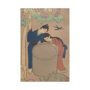 May include: A vintage Japanese woodblock print depicting two figures leaning over a large, gray cylindrical object. The figures are dressed in traditional attire, with one in blue and the other in red. A bird flies in the background, and foliage is visible.