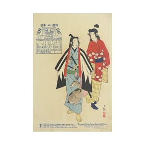 K&ouml;nnte beinhalten: Vintage japanischer Kalenderdruck mit zwei Figuren in traditioneller Kleidung. Der Druck enth&auml;lt einen Kalender f&uuml;r November 1910 mit Text auf Japanisch und Englisch. Die Figuren sind mit einem Hirschmotiv dargestellt.