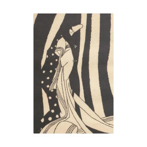 May include: An abstract illustration featuring a figure in a flowing gown, rendered in black and cream. The background has vertical stripes, while the figure's attire includes polka dots and flowing lines, creating a sense of movement.
