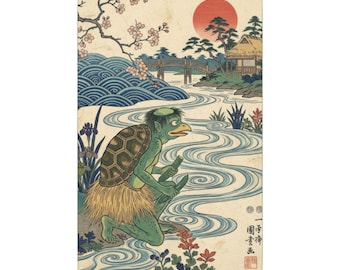 Japanischer Kappa Fluss Yokai Ukiyo-e Print - Fabelwesen im Wasser - Traditionelle Folklorekunst - Matte Leinwand, Gespannt, 0.75cm