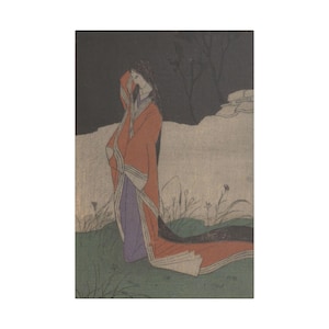 May include: A vintage print depicts a woman in a long orange robe with black hair, kneeling in a grassy area. The woman's face is partially obscured by her hand. The background features a dark sky and a light-colored wall.