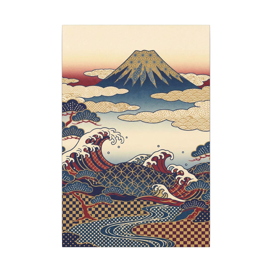 Mount Fuji and Waves Japanese Ukiyo-e Style Art, Traditional Patterned ...