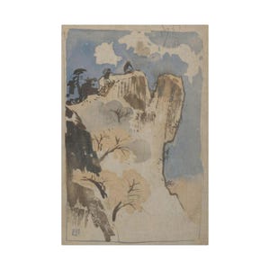 May include: A vintage Japanese woodblock print depicting a mountain landscape. The print features a light blue sky with white clouds, a rocky mountain, and several trees. Two figures are visible on the mountain peak.