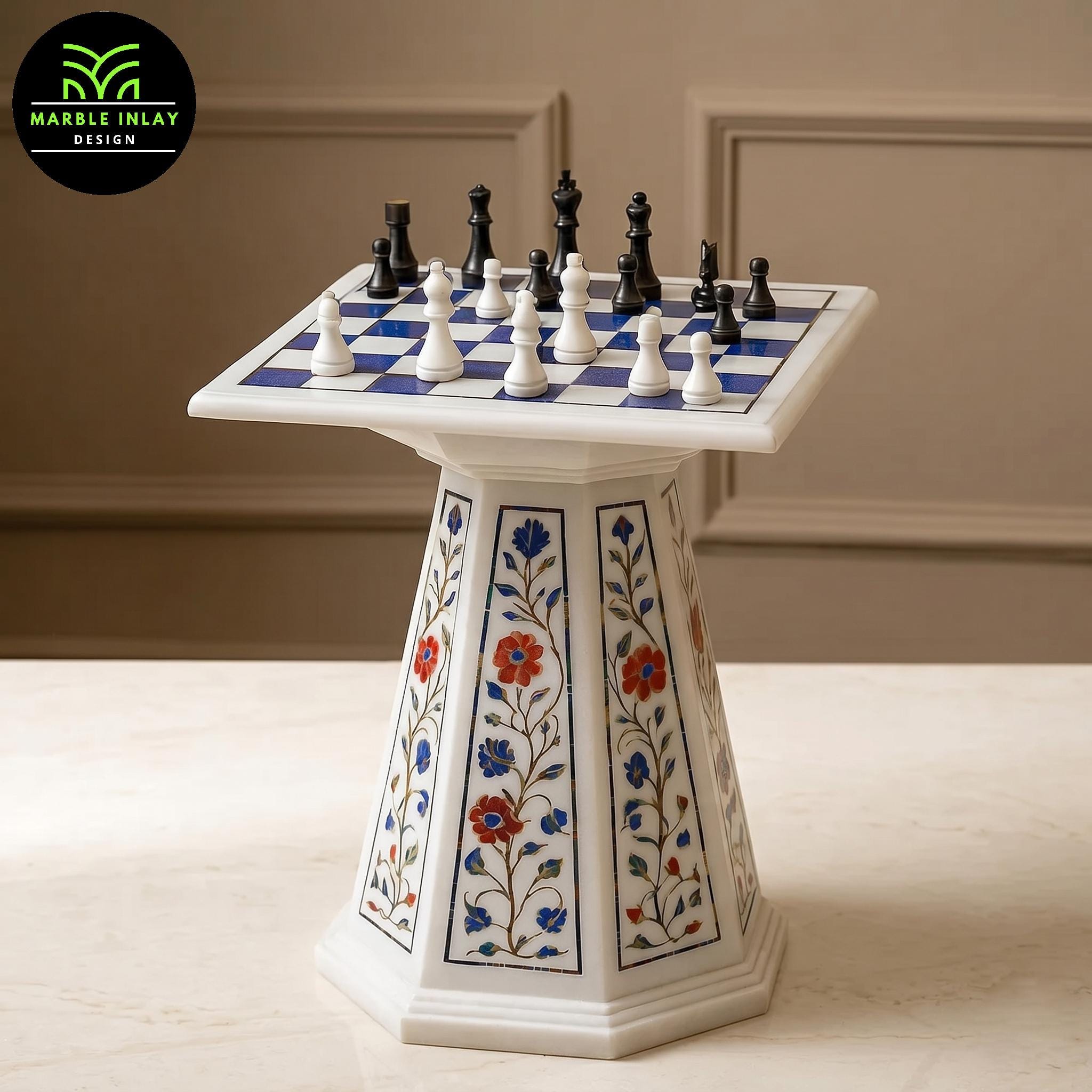 Handcrafted Marble Inlay Chess Table - Semi-precious Stone Game Board ...