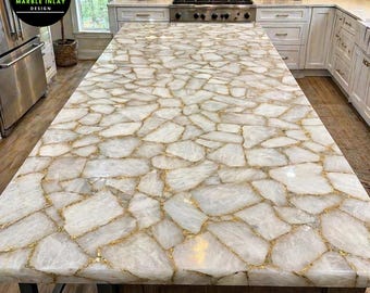 Custom White Quartz Dining Table | Gold Vein Resin Inlay Kitchen Island