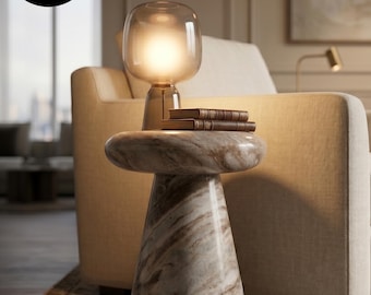 Sawar marmeren bijzettafel met paddenstoel | Natuursteen | Woonkamerdecoratie |  Luxe wooncadeau