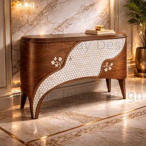 Könnte beinhalten: Ein Holzschrank mit geschwungenem Design, der ein Mosaikmuster und florale Akzente aufweist. Der Schrank hat eine dunkelbraune Oberfläche und wird von vier abgewinkelten Beinen getragen. Ein Stapel Bücher und ein goldfarbenes Objekt liegen obenauf.