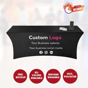 Puede incluir: Una funda de mesa negra con el texto "Custom Logo" e iconos de redes sociales. La funda tiene el texto "Your Business website" y "Your business social media". El texto adicional incluye "Free Mockup", "All Colors Available", "Machine Washable" y "100% Polyester".
