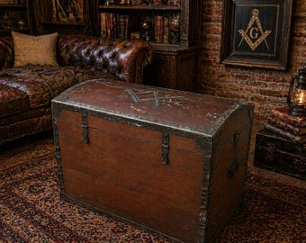Vintage Wooden Trunk with Masonic Symbolism, Mid-20th Century