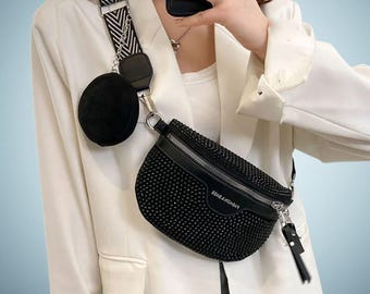 Glitter leren heuptasje - Klein glinsterend crossbodytasje 23 cm, compact heuptasje voor dames, cadeau voor haar