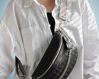 Zwarte bananenhandtas - heuptasje van PU-leer met ketting, crossbody schoudertas, cadeau voor haar