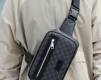 Men Luxury Fanny Pack PU Leather Geometric Adjustable Strap