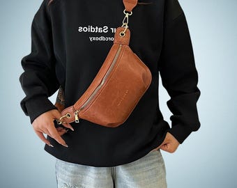 Leren heuptasje in doosvorm voor dames - Gestructureerde crossbodytas, vierkante heuptas, cadeau voor haar