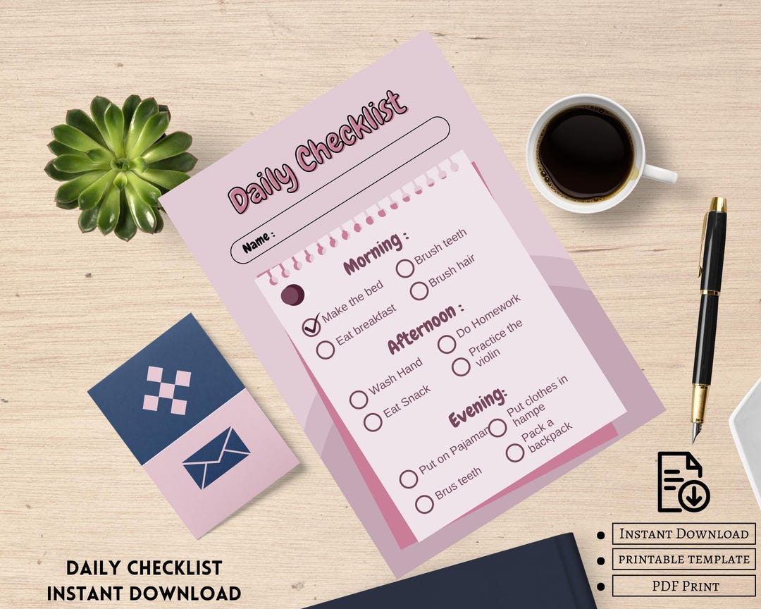 Daily Checklist Printable | Digital Instant Download | Productivity ...