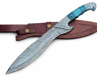 Handgefertigtes Damast-Jagdmesser | Griff aus Knochen, Lederscheide