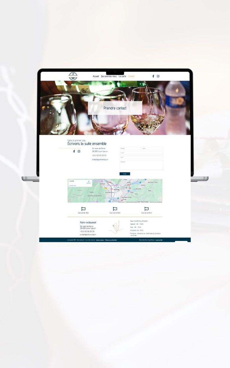 May include: A laptop displays a website with a wine theme. The top banner features wine glasses and pouring wine. The website includes the text "Prendre contact" and "&Eacute;crivons la suite ensemble". A map and contact information are also visible.