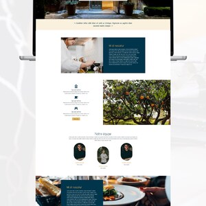 May include: A laptop displaying a website design with a restaurant theme. The site features images of food, staff, and the restaurant's exterior. Text includes "Qui sommes-nous?" and "Notre &eacute;quipe."