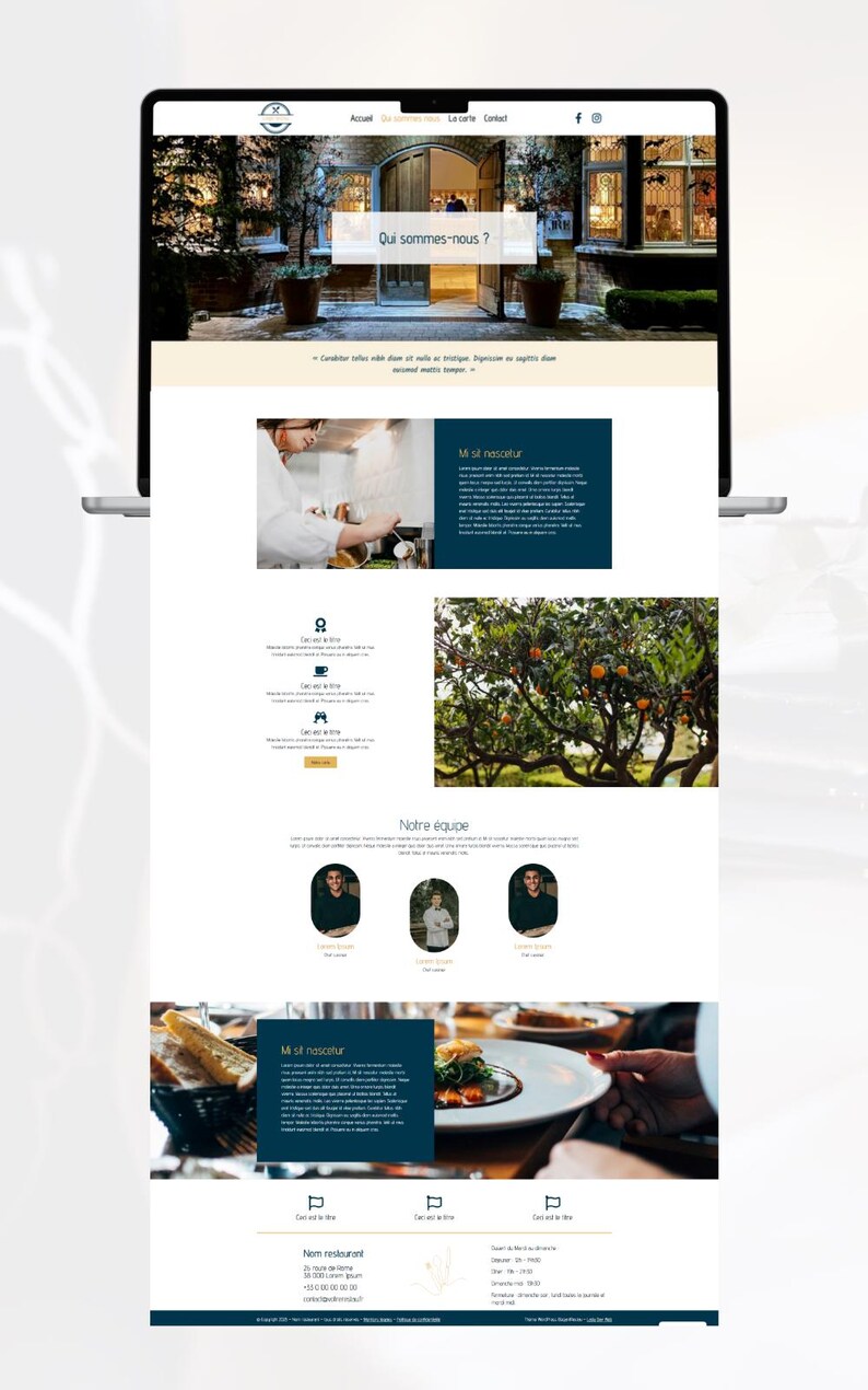 May include: A laptop displaying a website design with a restaurant theme. The site features images of food, staff, and the restaurant's exterior. Text includes "Qui sommes-nous?" and "Notre &eacute;quipe."