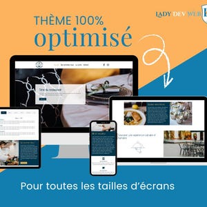 May include: A digital marketing graphic showing a website design displayed on a desktop computer, tablet, and smartphone. The text reads "TH&Egrave;ME 100% optimis&eacute;" and "Pour toutes les tailles d'&eacute;crans."