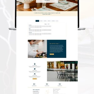 May include: A laptop displaying a restaurant website. The website features a menu, photos of food, and information about the restaurant. The top of the screen shows the words "La carte". The website has a clean, modern design with a focus on food and dining.