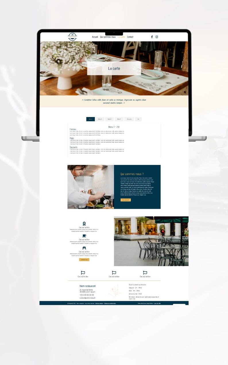 May include: A laptop displaying a restaurant website. The website features a menu, photos of food, and information about the restaurant. The top of the screen shows the words "La carte". The website has a clean, modern design with a focus on food and dining.