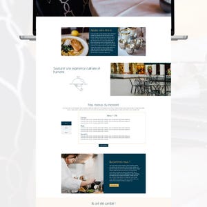 May include: A laptop screen displaying a restaurant website. The website features a header with the text "Titre du restaurant" and a menu section. Other sections include images of food and restaurant interiors, and customer reviews.