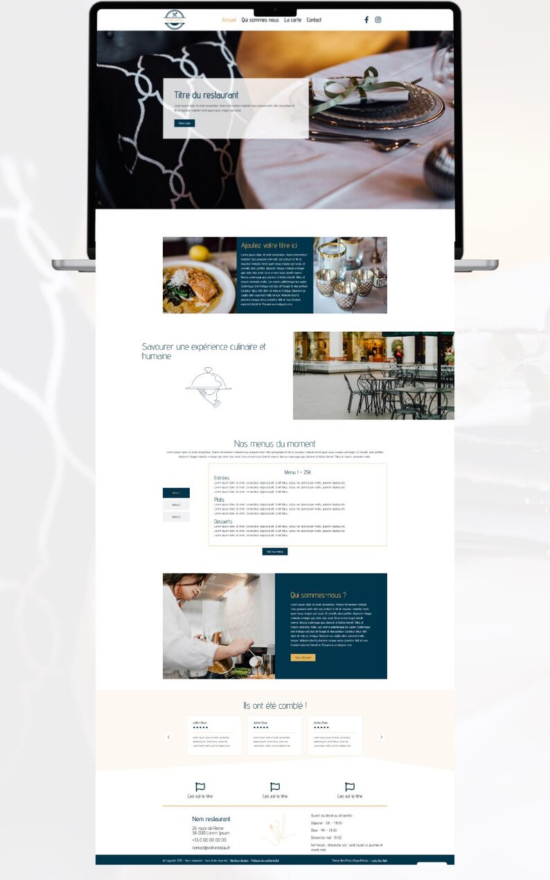 May include: A laptop screen displaying a restaurant website. The website features a header with the text "Titre du restaurant" and a menu section. Other sections include images of food and restaurant interiors, and customer reviews.