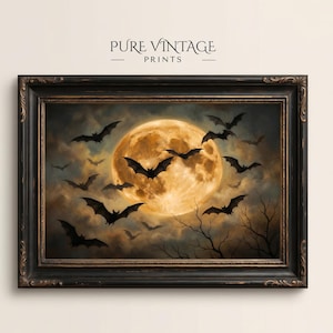 Full Moon Bats Art Print, Vintage Halloween Wall Art, Spooky Gothic Bat Painting, Moody Fall Decor, Digital Download
